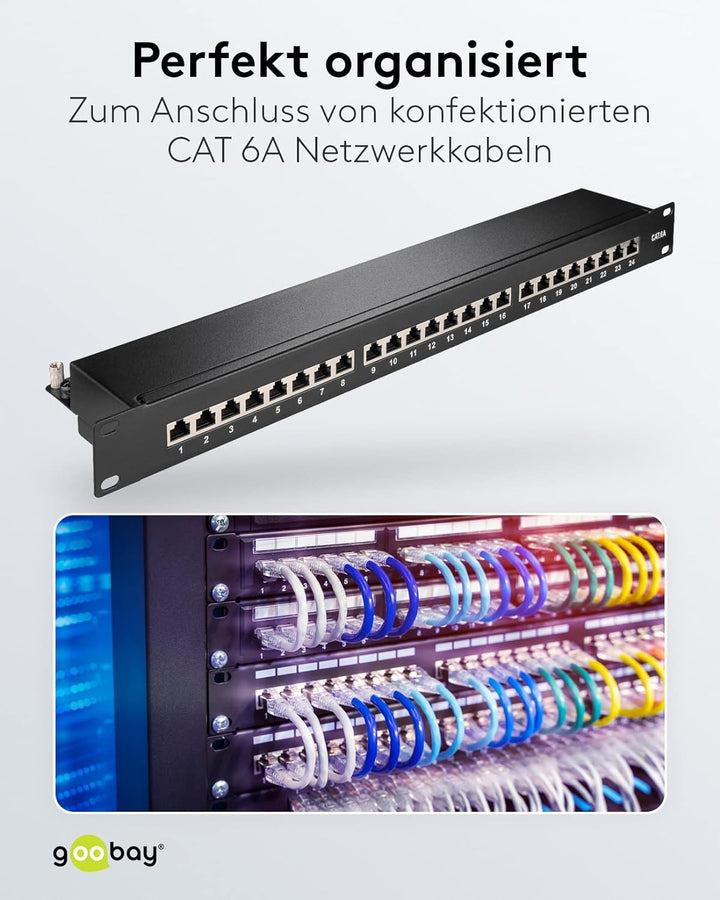 Goobay 90854 CAT 6A Patch Panel 19 Zoll / 24 Port RJ45 Buchsen Netzwerkstecker / 500 MHz LAN Patchfe
