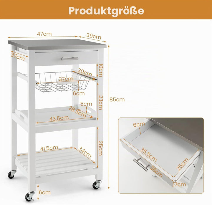 GIANTEX Küchenwagen mit Rollen, Küchenregal mit Arbeitsplatte, Servierwagen mit Schublade & Korb & T