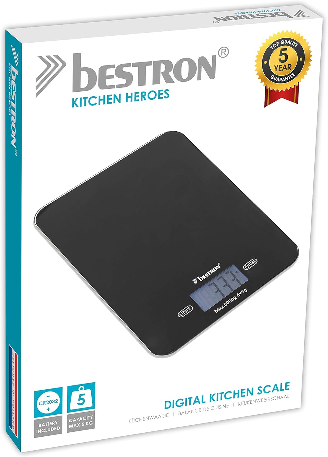 Bestron AKS710Z Digitale Küchenwaage mit LCD-Anzeige, Tragkraft 5 kg, Präzision auf 1 g, Glas, Schwa