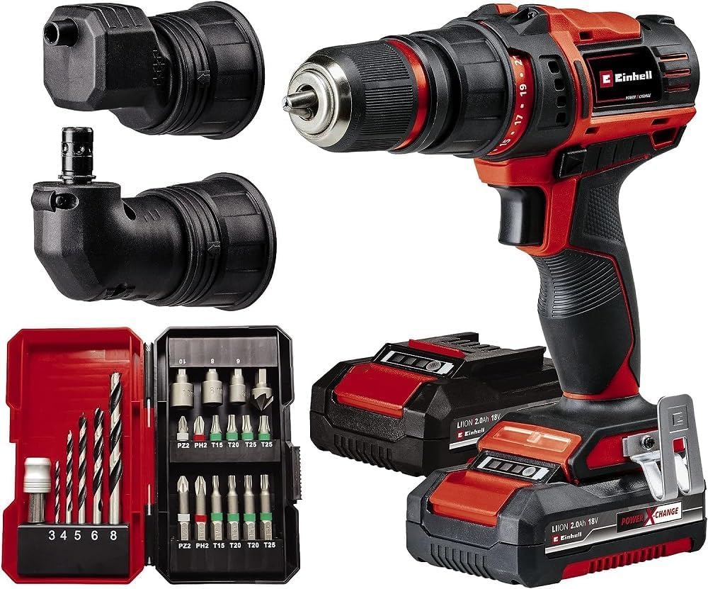 Einhell Akku-Bohrschrauber TE-CD 18/45 3X-Li+22 Power X-Change (18 V, 45 Nm, Winkelaufsatz, Exzenter