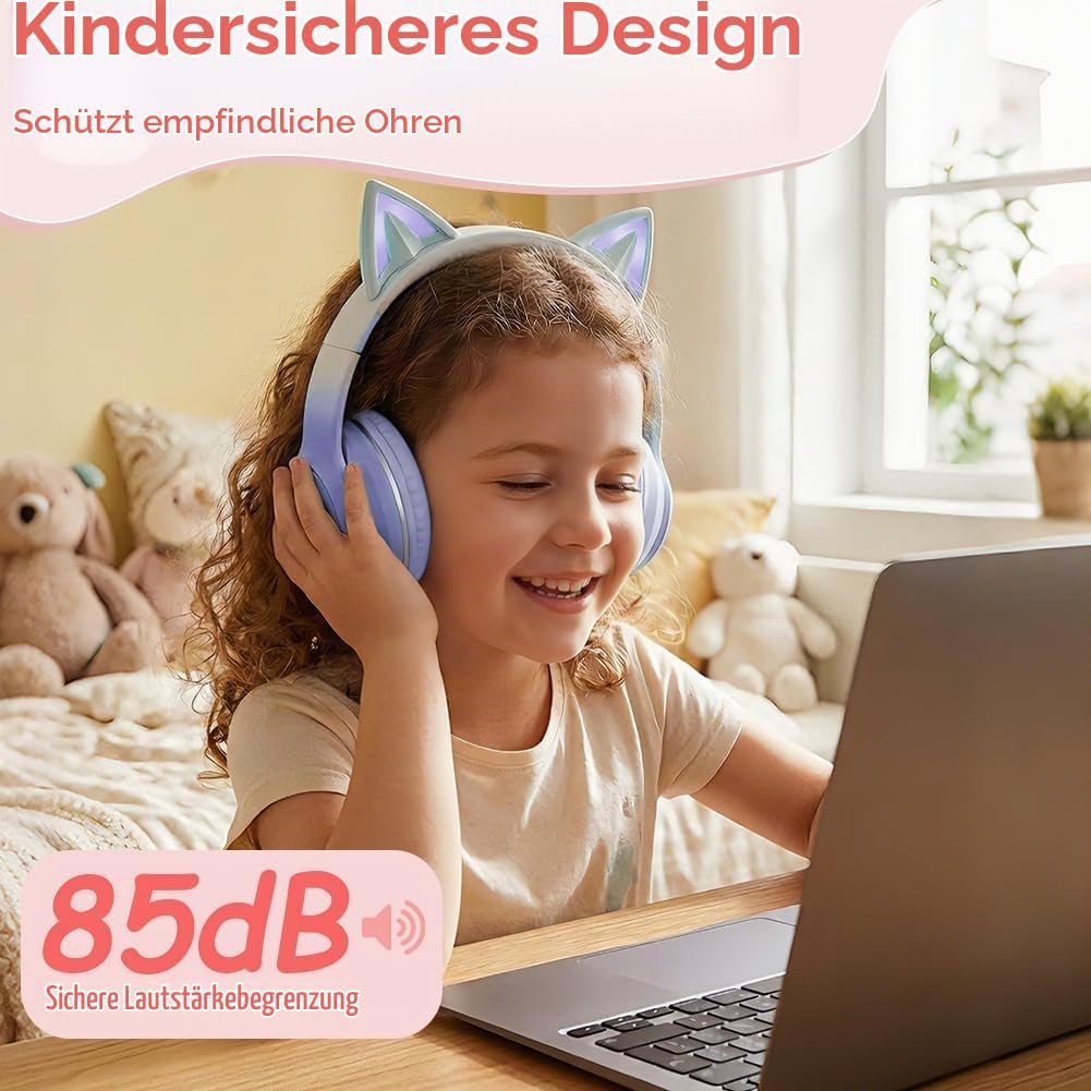 Kinder Bluetooth Kopfhörer, Katzenohr LED Lichter, Bluetooth 5.3 Stereo, Verstellbares Kopfband, 85d