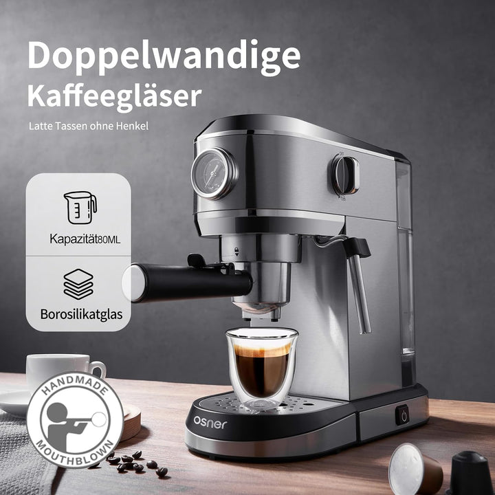 Espressotassen Glas 80 ml 6er Set – Doppelwandige Espressogläser aus Borosilikatglas, Isolierend & H