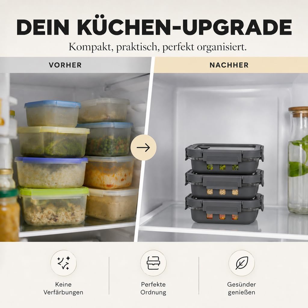 Meal Prep Boxen Set 3x640ml – Borosilikatglas, auslaufsicher, stapelbar, mikrowellengeeignet, mit Si