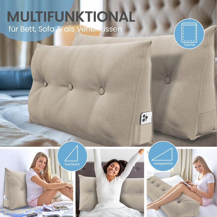 ELONEO Rückenkissen 200 cm breit, Keilkissen für Bett und Sofa geeignet, dreieckiges Lesekissen, Kis