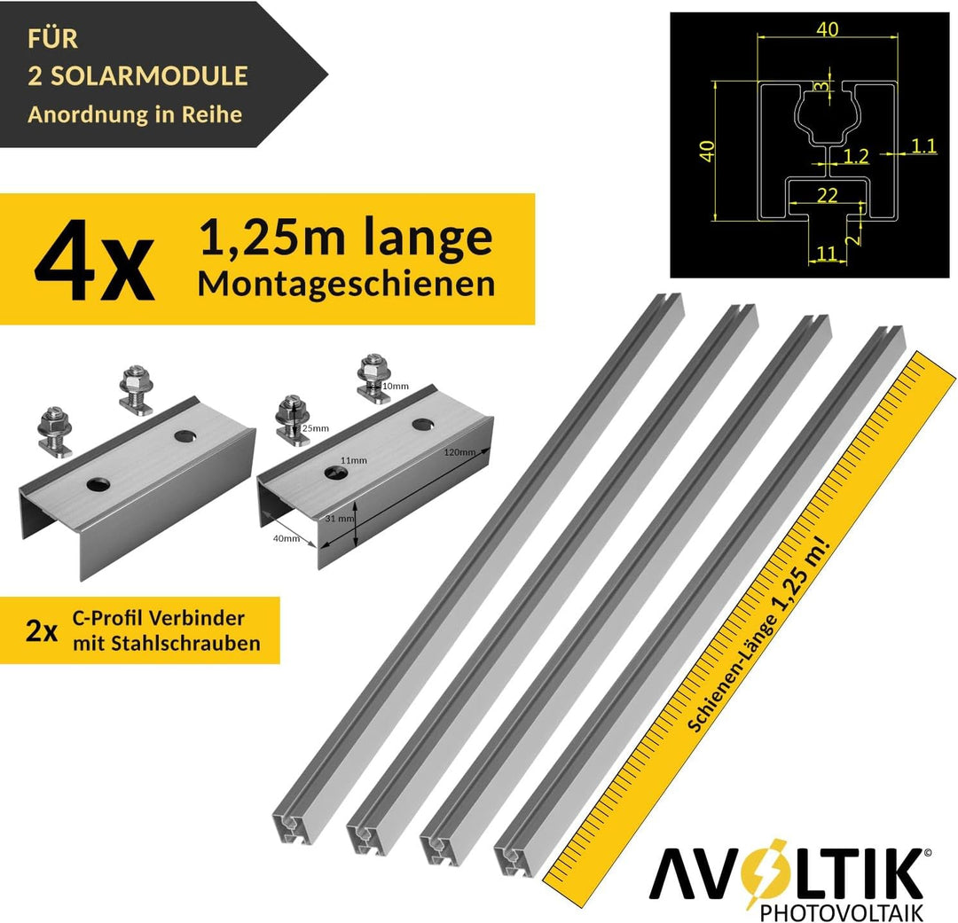 Avoltik Solar Halterung Ziegeldach mit Klemmen SCHWARZ I Montageset für 2 Paneele I 8 Dachhaken Edel