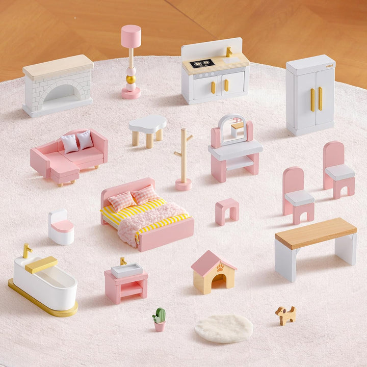 ROBUD Holz Puppenhaus Möbel Set 28-TLG, Puppenmöbel Zubehör für Puppenhaus, Schlafzimmer Küche Wohnz