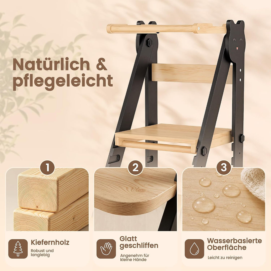 Lernturm Klappbar & 3-Fach Höhenverstellbar - Kippsicherer Learning Tower aus Kiefernholz - Mitwachs