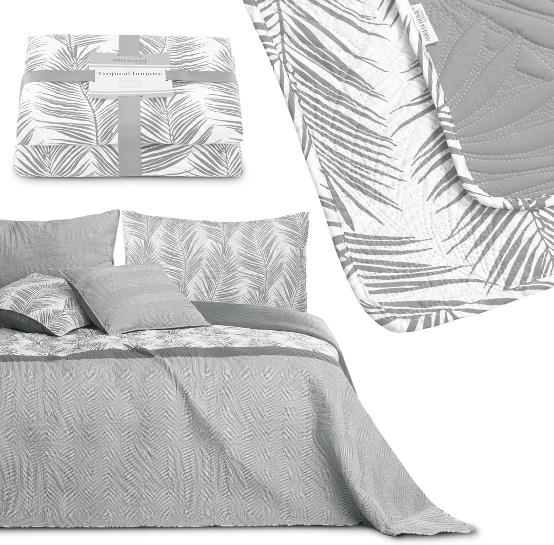 AmeliaHome Tagesdecke Bettüberwurf 170x210 cm zweiseitig pflegeleicht Steppung Pflanzenmuster Grau W