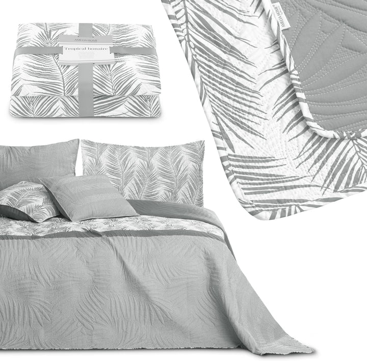AmeliaHome Tagesdecke Bettüberwurf 170x210 cm zweiseitig pflegeleicht Steppung Pflanzenmuster Grau W