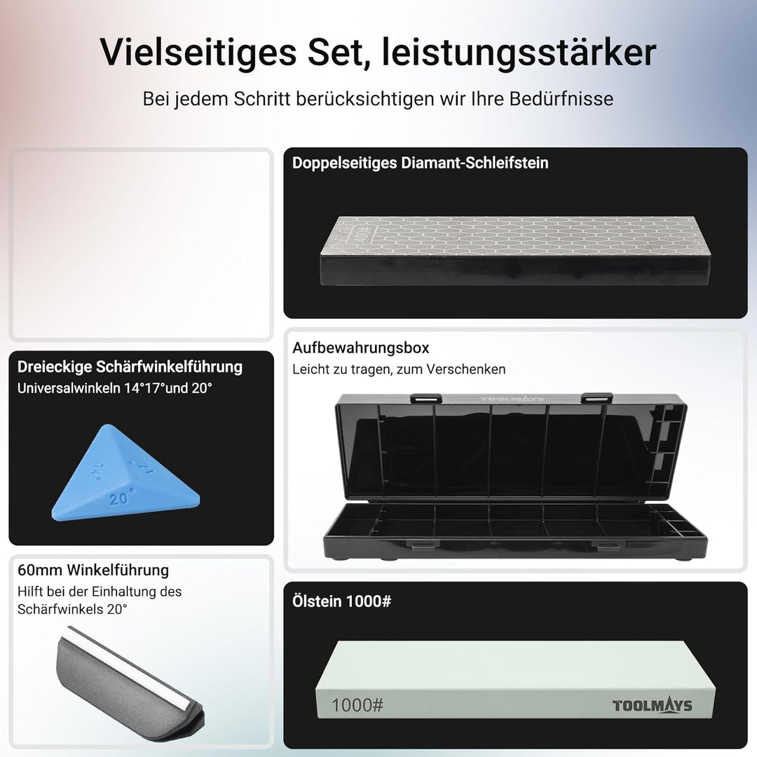 Diamant-Schleifstein Doppelseitig 400/1200# mit 1000# Messerschärfstein,Winkelführung und Aufbewahru