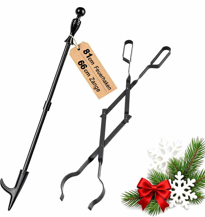 Amagabeli Kaminzangen Set 2-teilig mit Schürhaken & Feuerzange | 66cm Kaminholzzange + 81cm Feuerhak