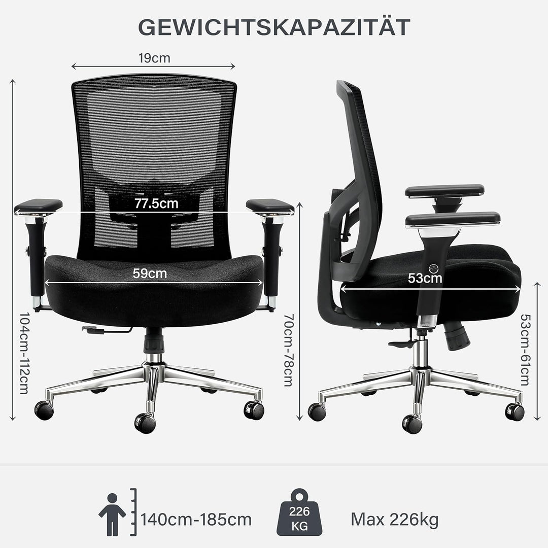 Blue Whale Bürostuhl 200kg,Grosser und hoher Bürostuhl Ergonomisch,Drehstuhl aus Mesh und Wippfunkti