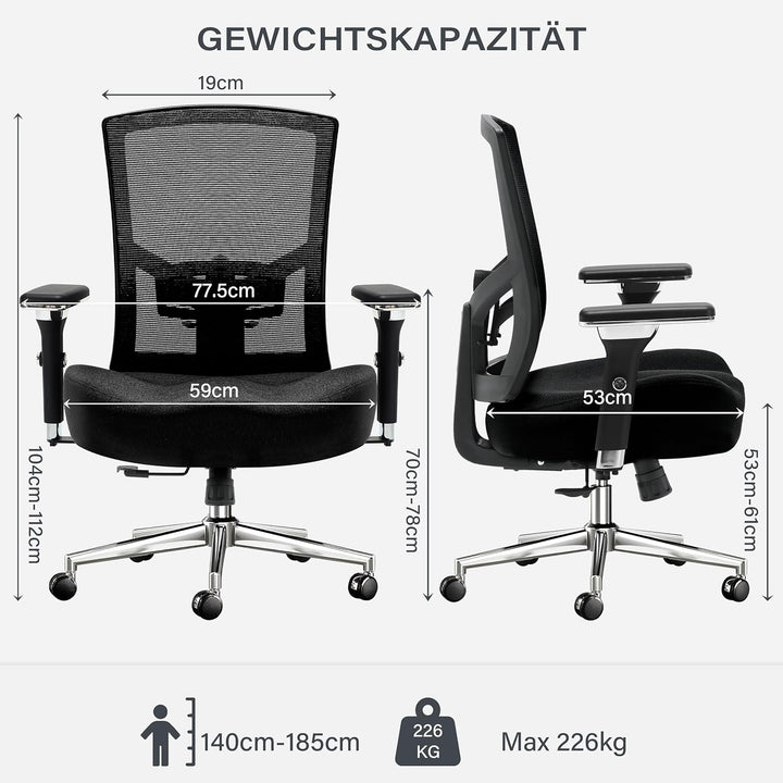 Blue Whale Bürostuhl 200kg,Grosser und hoher Bürostuhl Ergonomisch,Drehstuhl aus Mesh und Wippfunkti