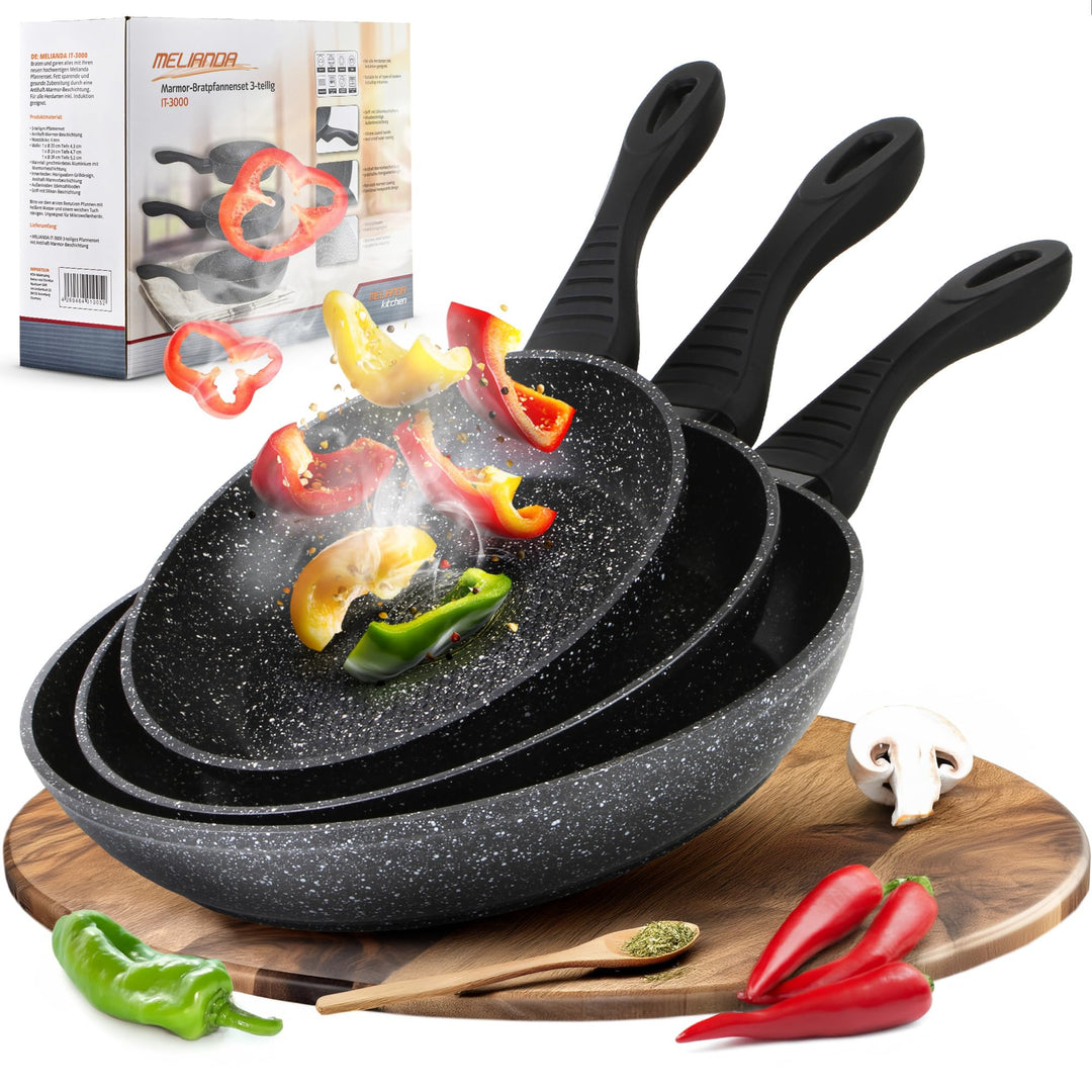 melianda IT-3000 3tlg Pfannenset 20cm - 24cm - 28cm antihaft Marmoroptik Elektro, Glaskeramik, Gas,