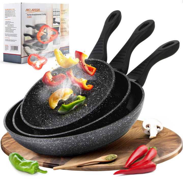 melianda IT-3000 3tlg Pfannenset 20cm - 24cm - 28cm antihaft Marmoroptik Elektro, Glaskeramik, Gas,