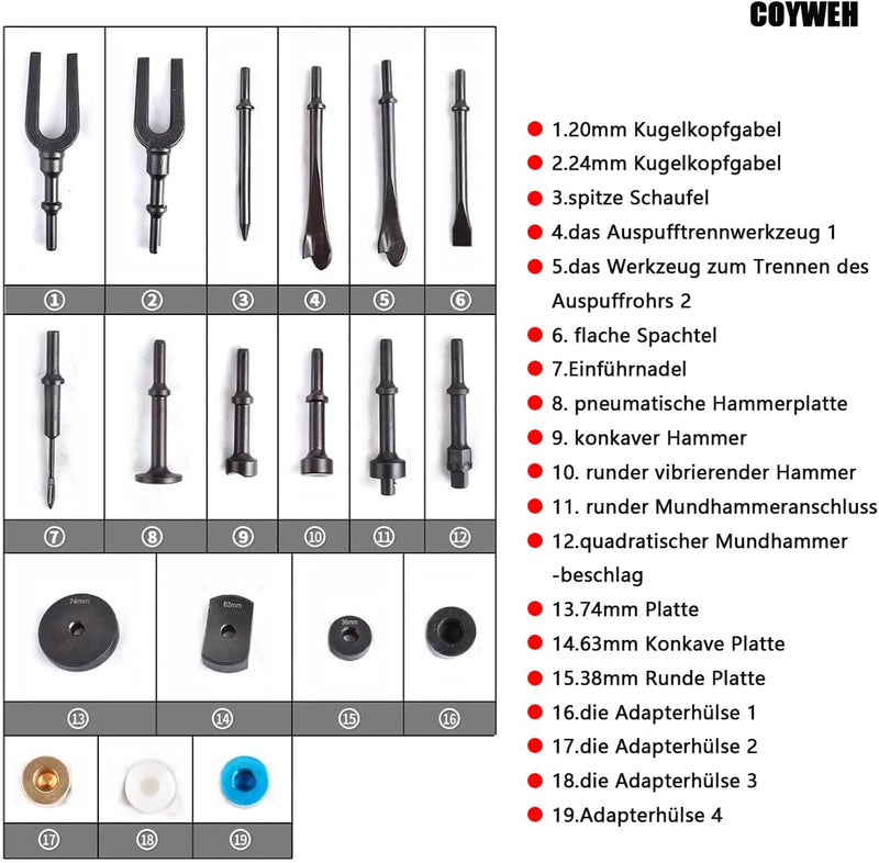 COYWEH Lufthammer Pneumatischer Betonbrecher Kugelgelenk Auto Reparaturwerkzeug Entferner Flachpunkt