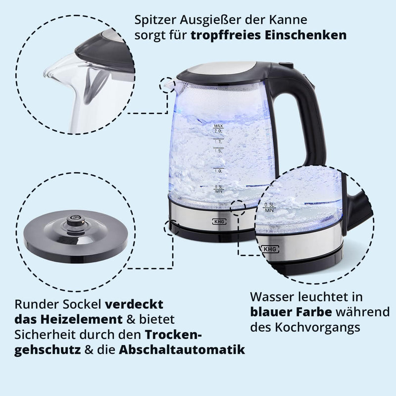 KHG Wasserkocher WK-1706 GES Glas, 2 Liter, LED Beleuchtung, Kalkfilter, Wasserstandsanzeige, Öffnen