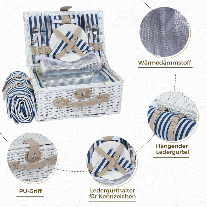 Picknickkorb Set für 2 Person mit Kühlfach und wasserdichte Picknickdecke, Abnehmbarer Riemen, Weinb