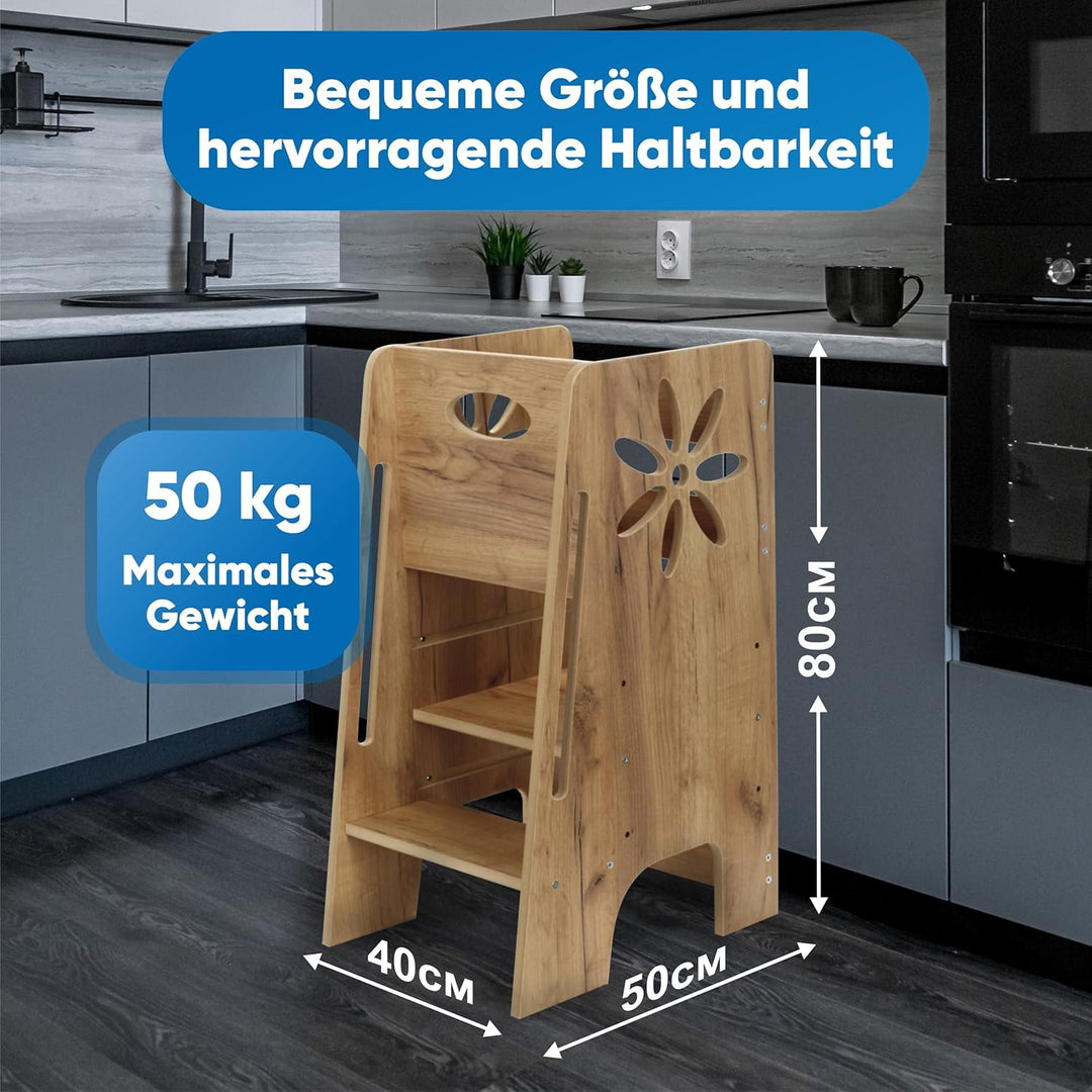 Kitchen Kids Helper Lernturm ab 1 Jahr - Höhenverstellbarer Lernturm Montessori Eiche 80cm - Sichere