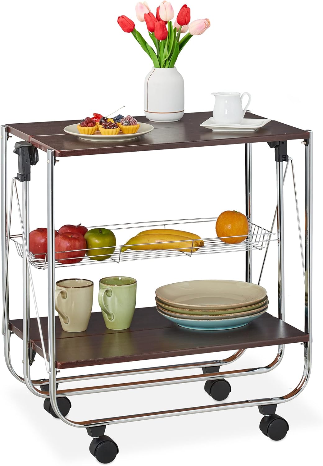 Relaxdays Servierwagen, klappbar, 4 Rollen, 2 Böden, mit Gitterkorb, HxBxT: 70 x 68 x 40 cm, Küchenw