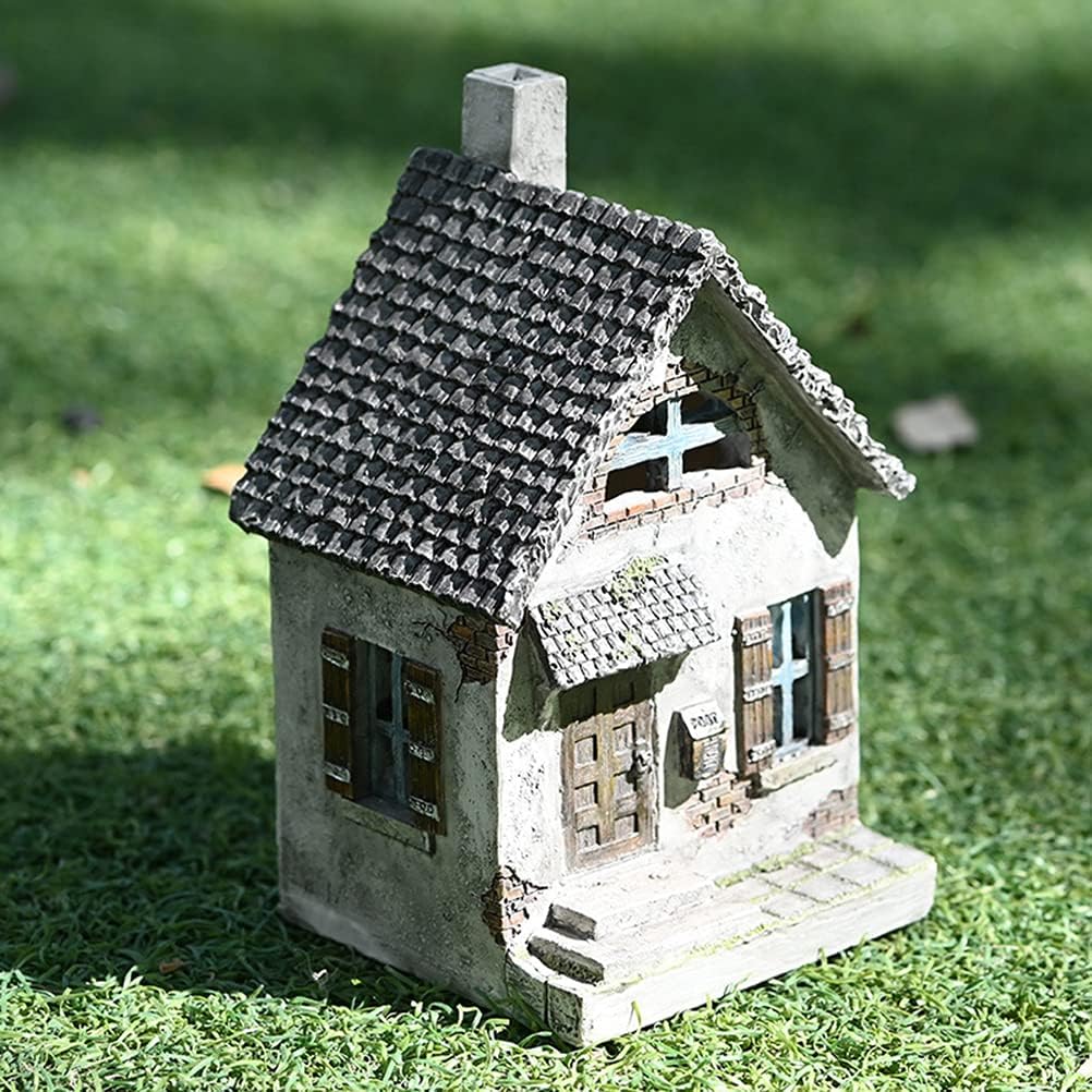 Feenhaus, 14cm Miniatur Pastoral kleines Haus Harz Retro Elfenhaus Miniatur Landschaft Gartenfigur G