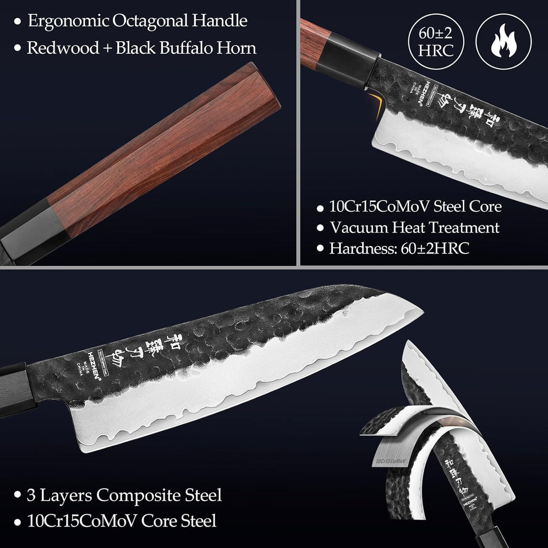 HEZHEN 18,5cm Santoku Messer, Verkleideter Stahl Kochmesser, Geschmiedet Japanischer Stil Gyuto Mess
