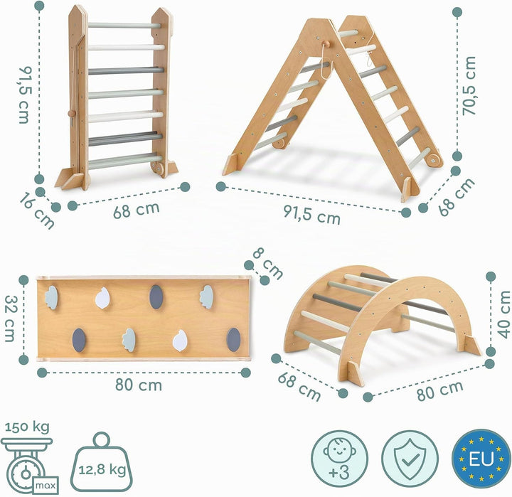 mamabrum Indoor Spielplatz Aus Holz Für Kinder – Pikler Dreieck, Kletterbogen, Rutsche Beidseitig –