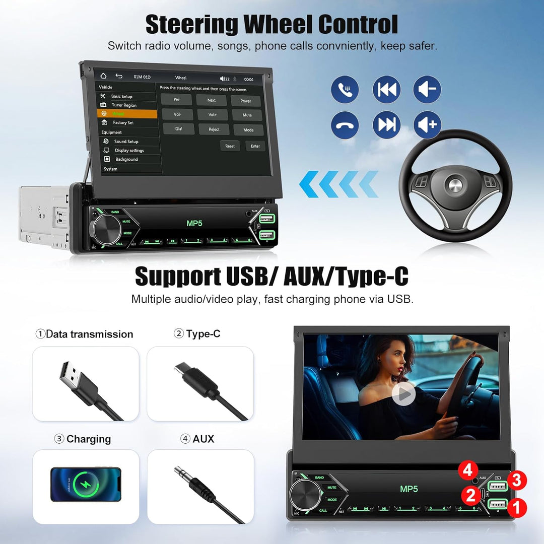 CAMECHO 1 Din DAB Autoradio mit Wireless Carplay Android Auto Mirror Link, 7 Zoll Manuelle Ausfahrba