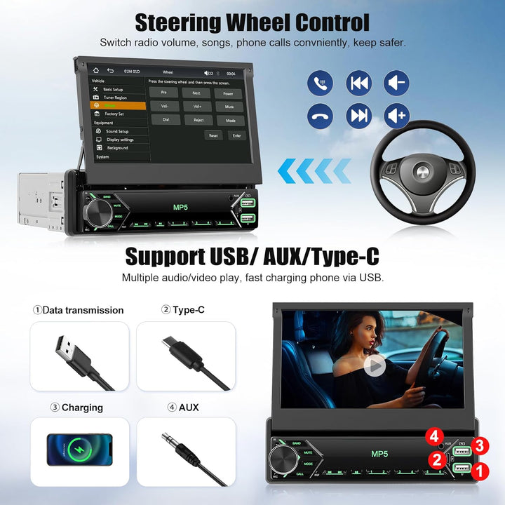 CAMECHO 1 Din DAB Autoradio mit Wireless Carplay Android Auto Mirror Link, 7 Zoll Manuelle Ausfahrba