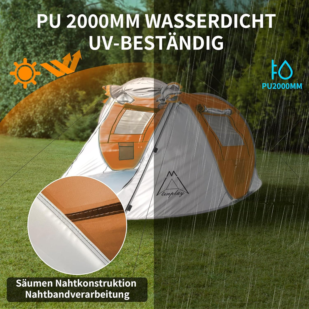 TENPLAY Pop-Up-Zelt für 2–4 Personen, PU2000 mm, wasserdicht und Winddicht, UV-Schutz, leicht und tr