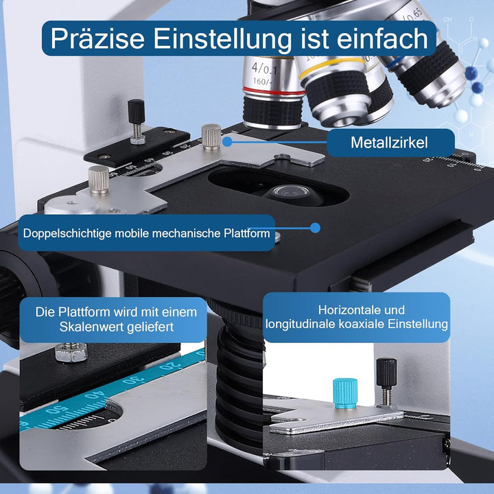 Mikroskop für Erwachsene 40x-2000x Verbundmikroskop mit Dual-LED-Beleuchtung für Schule, Zuhause, La