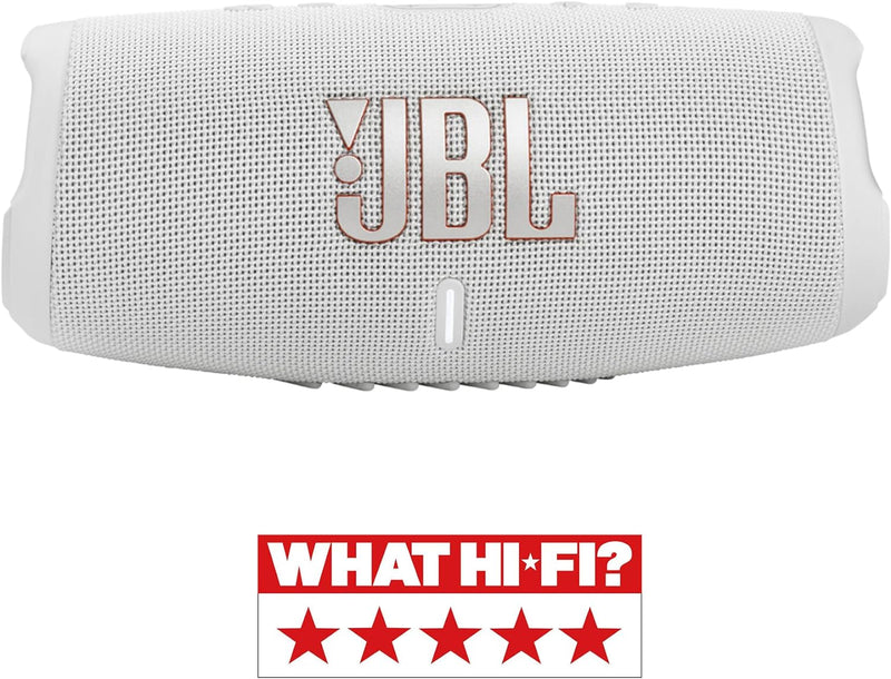 JBL Charge 5 Bluetooth-Lautsprecher in Weiss – Wasserfeste, portable Boombox mit integrierter Powerb