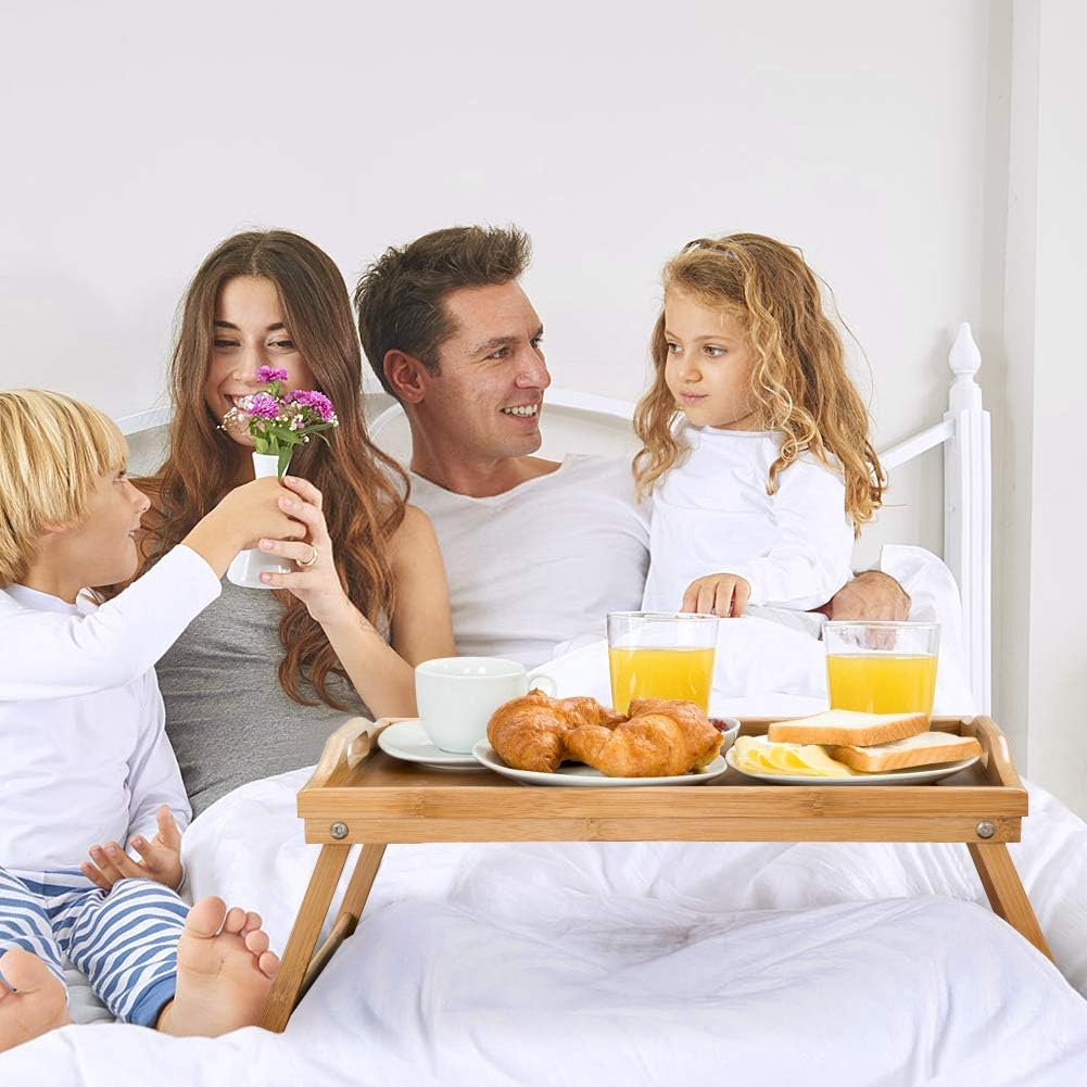 Betttablett Bambus Frühstückstablett fürs Bett Tragbare Beistelltisch mit Griffen Klappbar Bett Tabl