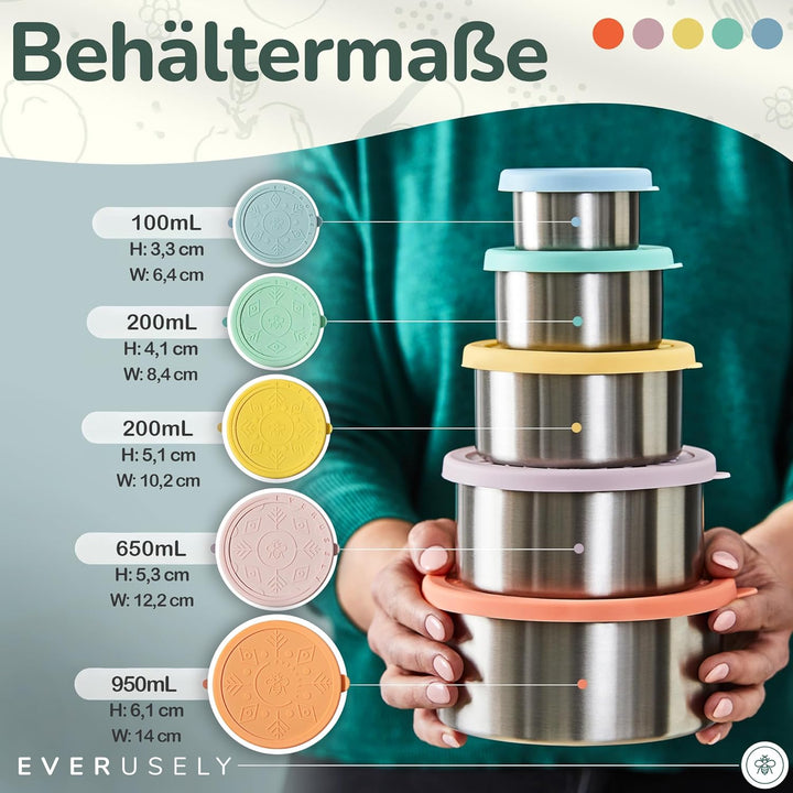 Everusely - Edelstahlbehälter mit Deckel - 5er-Set, Bright Collection - Auslaufsichere Edelstahl-Leb