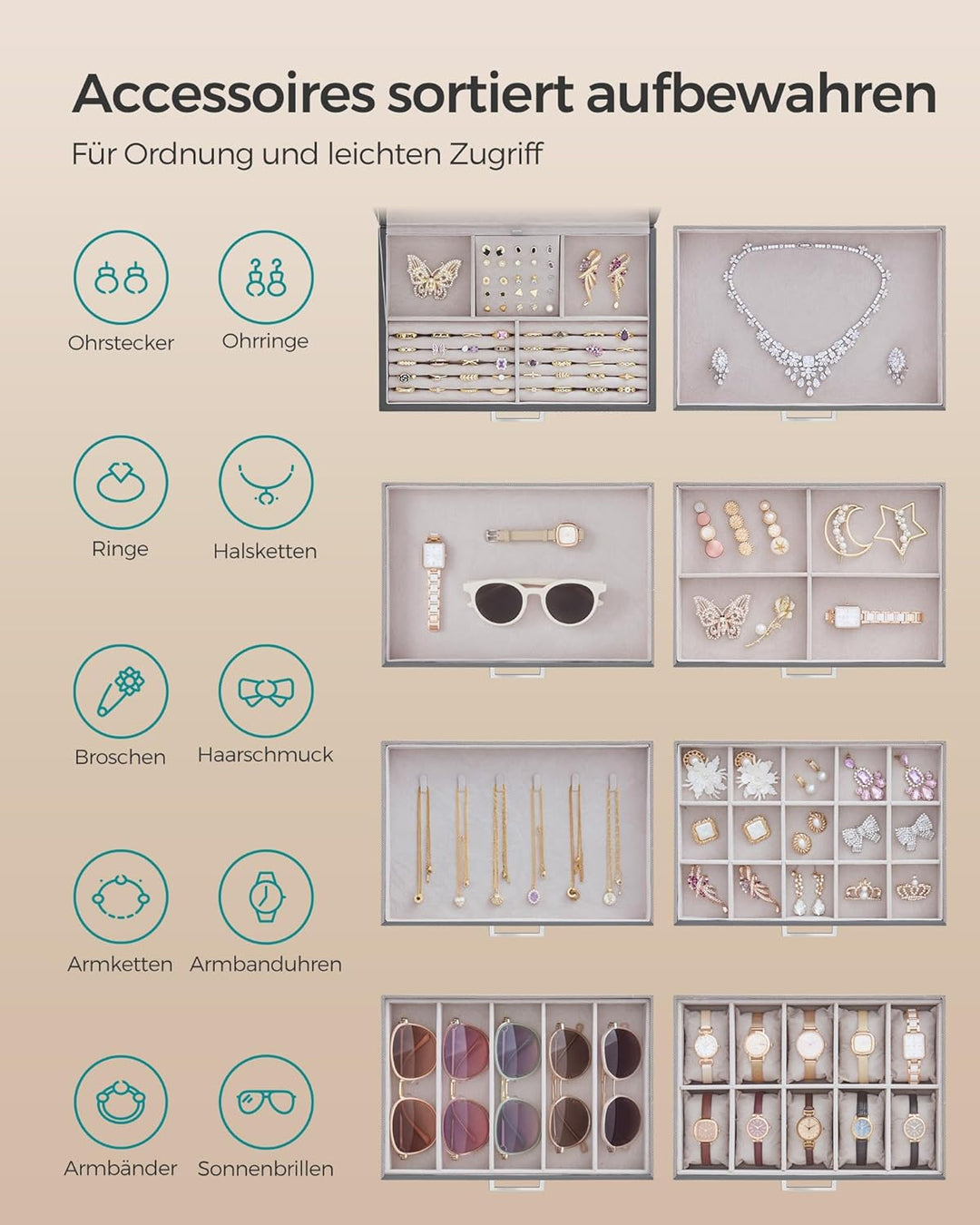 SONGMICS Schmuckkästchen 8 Ebenen, Schmuckkasten mit grossem Spiegel, Schmuckschatulle, 7 Schubladen