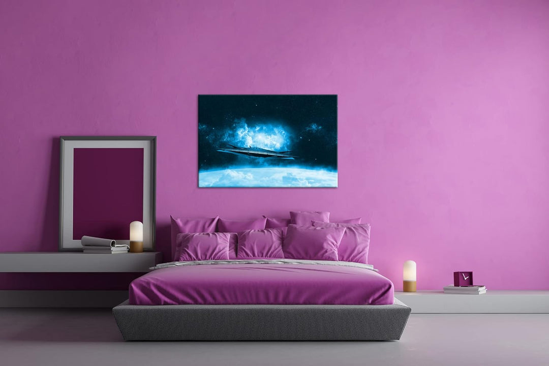 deyoli beeindruckendes Raumschiff im Universum Format: 80x60 Effekt: Monocrome Blau als Leinwand, Mo