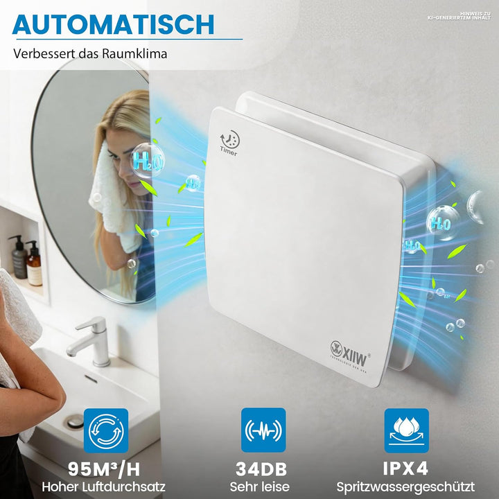XIIW Badlüfter Ø100mm Weiss Abluftventilator mit Nachlauf und Rückstauklappe 95m³/h, 12 Watt / 34dB