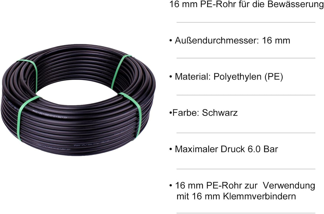 PE Rohr 16mm 25m PN6 (6 Bar) für Bewässerung – Wasserleitung für Gartenbewässerung, Verlegerohr für