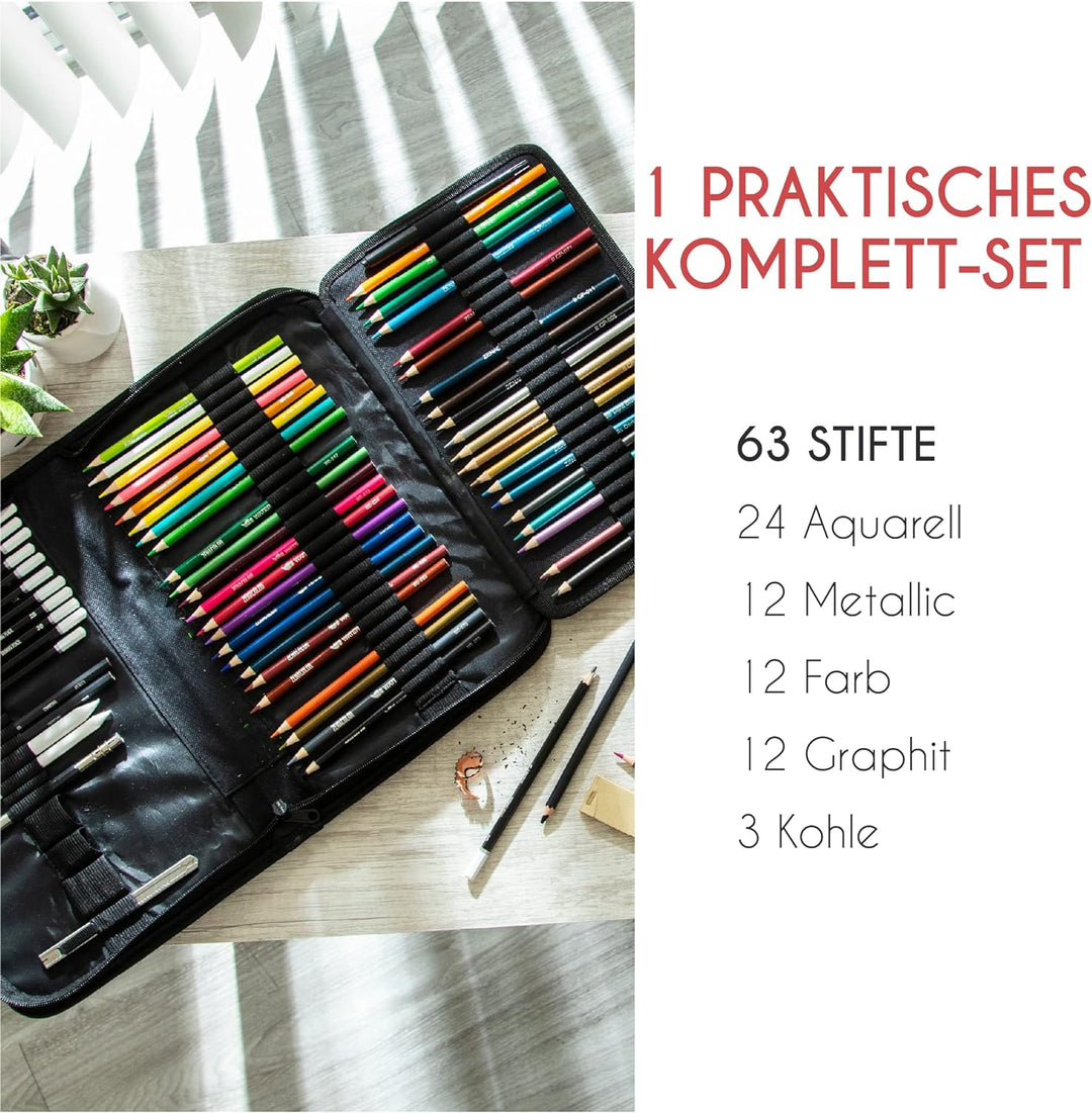 Komplettes Zeichenset 74-Teilig - Anfänger oder Fortgeschrittene, Federmappe mit 24 Wasserfarb-Malst