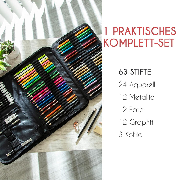 Komplettes Zeichenset 74-Teilig - Anfänger oder Fortgeschrittene, Federmappe mit 24 Wasserfarb-Malst