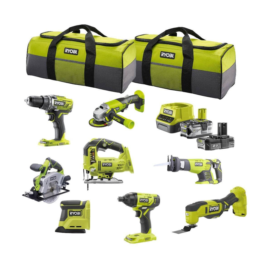 RYOBI 18 V ONE+ Combo-Kit, 8 Werkzeuge, Deltaschleifer, Bohrschrauber, Säbelsäge, Multitool, Stichsä
