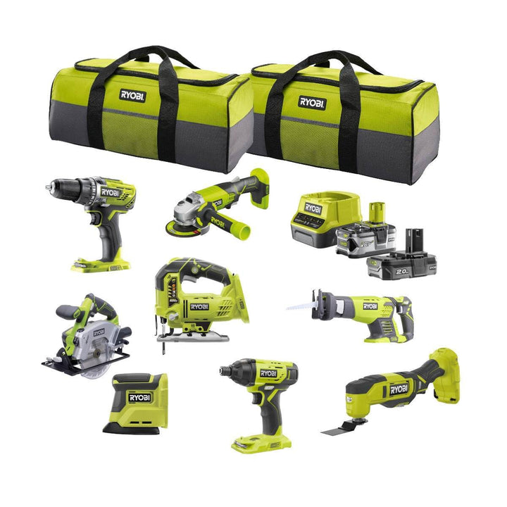 RYOBI 18 V ONE+ Combo-Kit, 8 Werkzeuge, Deltaschleifer, Bohrschrauber, Säbelsäge, Multitool, Stichsä