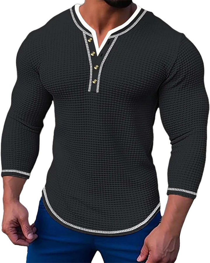 Herrenmode Herbst Casual Langarm Knopf Einfarbig Langarm T-Shirt Top Schicke Herren Schwarz 3XL, Sch