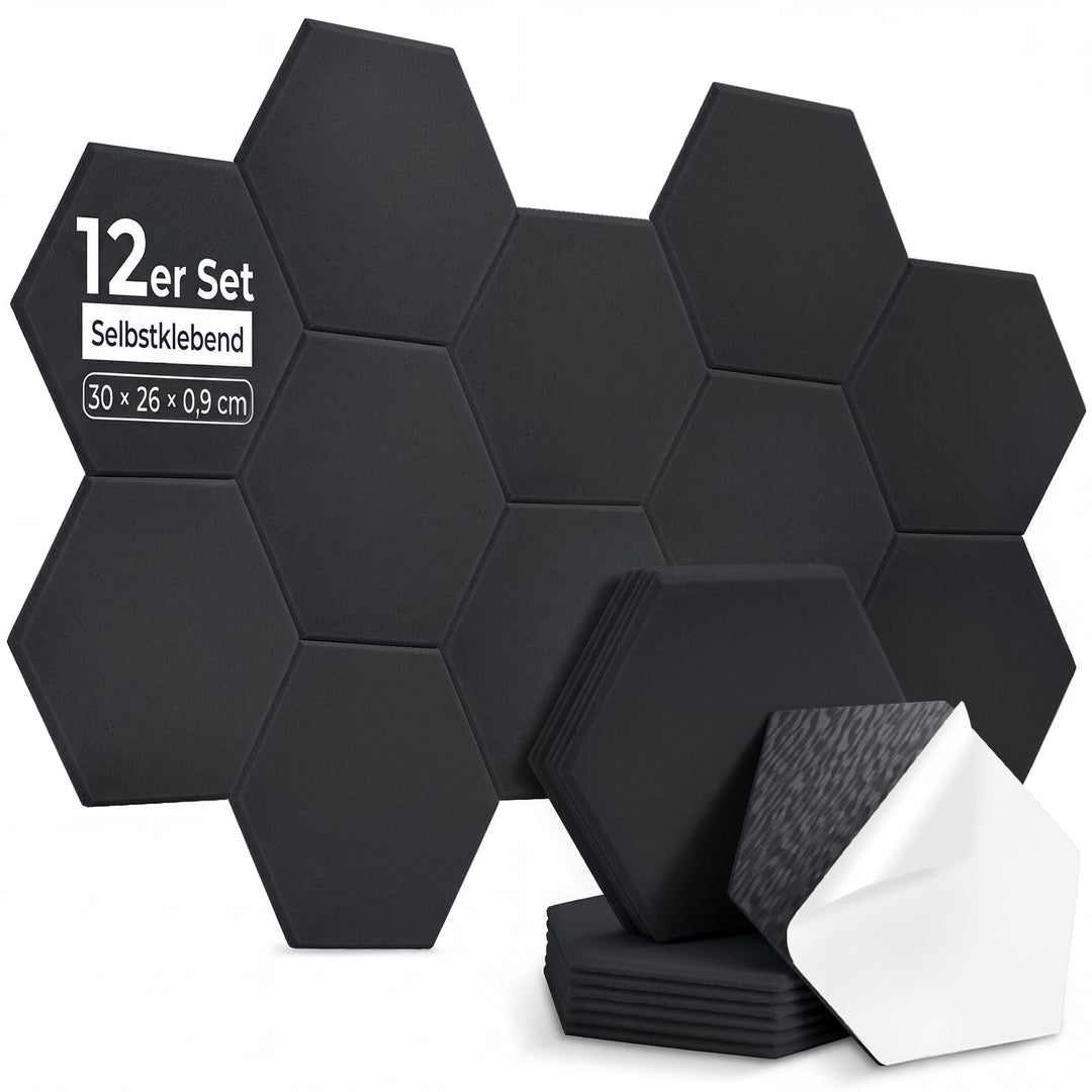 12 Stück Hexagon Akustikplatten Selbstklebend, 30 x 26 x 0,9 cm Hohe Dichte Akustikpaneele, Schallsc