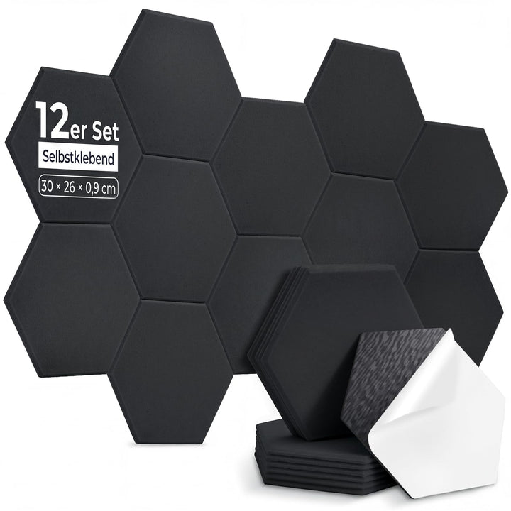 12 Stück Hexagon Akustikplatten Selbstklebend, 30 x 26 x 0,9 cm Hohe Dichte Akustikpaneele, Schallsc