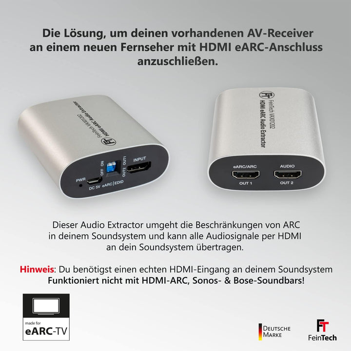 FeinTech VAX01202 HDMI eARC Audio Extractor für Moderne Fernseher und HDMI Audio Splitter 1x2 | lief