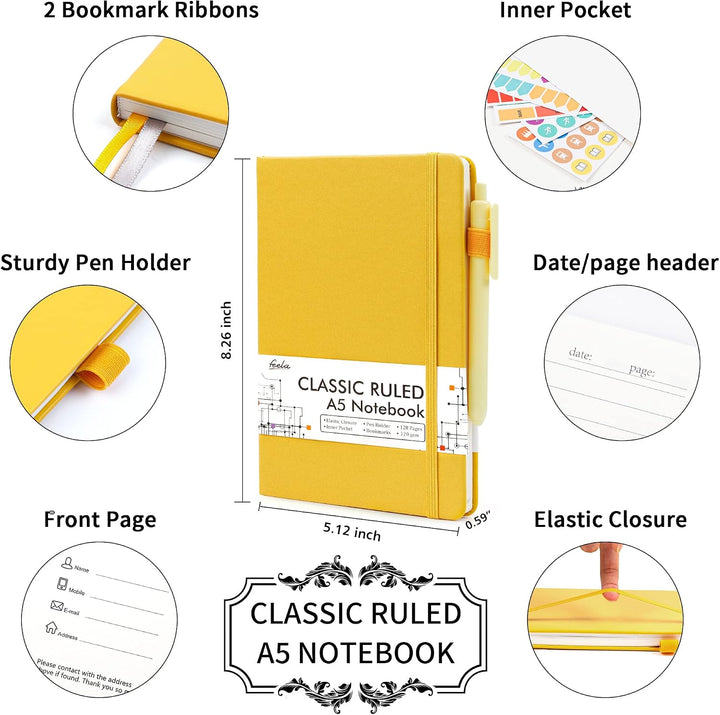 feela Notizbuch A5 liniert Hardcover, 3 Notizbücher Set, Journal Buch mit 3 Gelstifte schwarz, 120 G