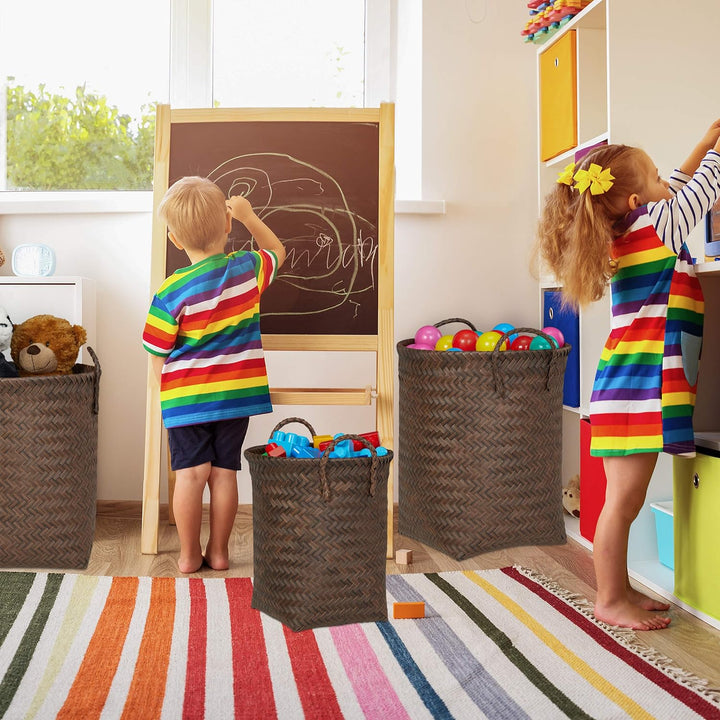 Relaxdays Wäschekorb geflochten, 3er Set Aufbewahrungskörbe, 3 Grössen, Spielzeugkorb mit Henkel, Ku