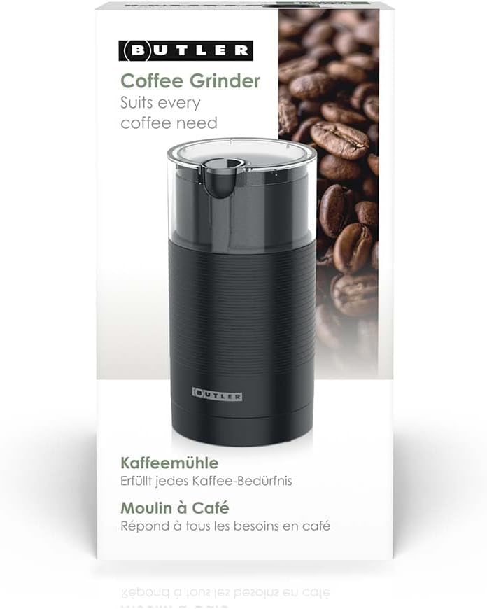 Butler Kaffeemühle - 150W Elektrische Kaffeemühle mit Edelstahlmahlwerk - 70g Mahlbehälter - Schwarz
