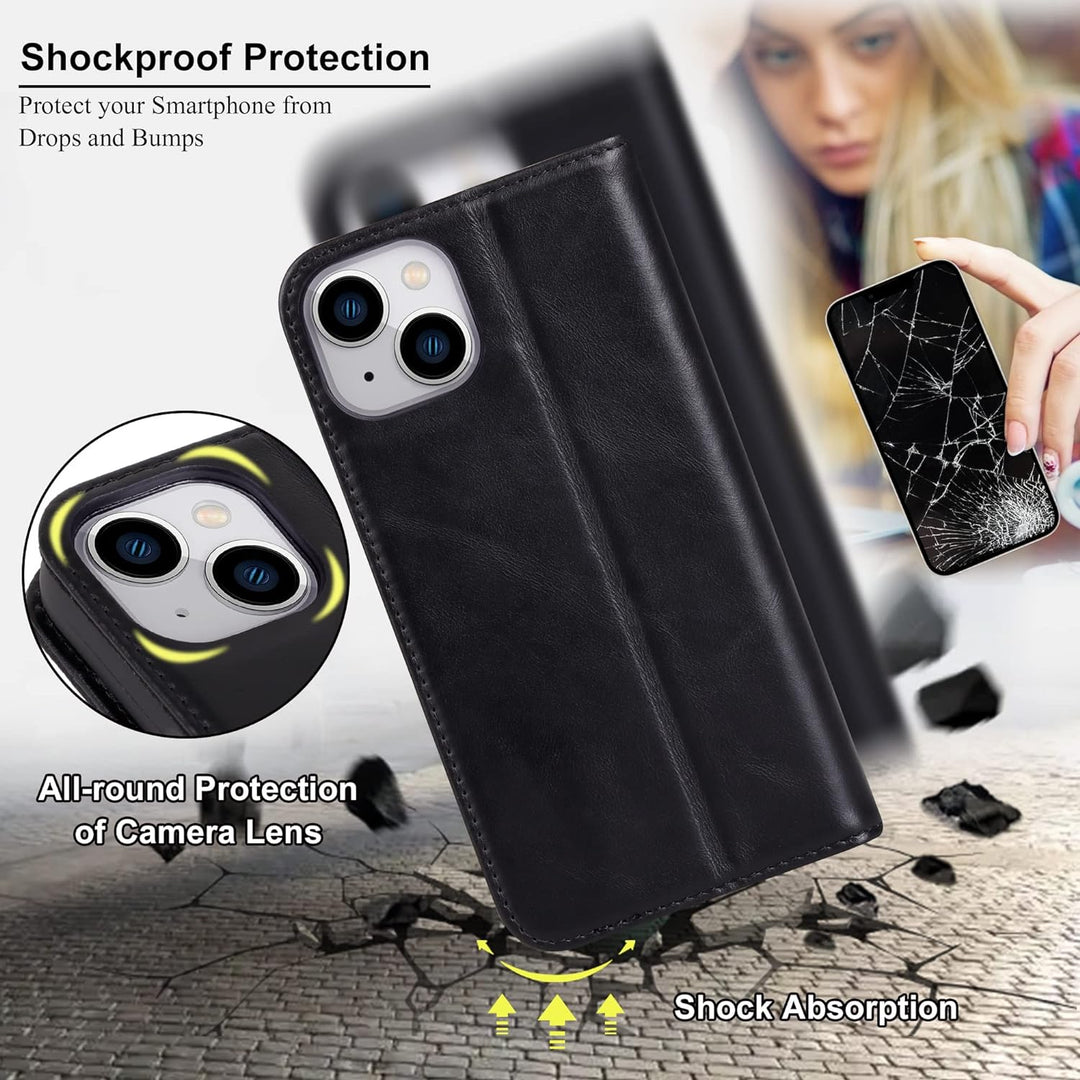 VISOUL iPhone 14 Plus Hülle, Stossfeste Handyhülle [Erstklassiges Rindsleder], TPU Schutzhülle [Kart